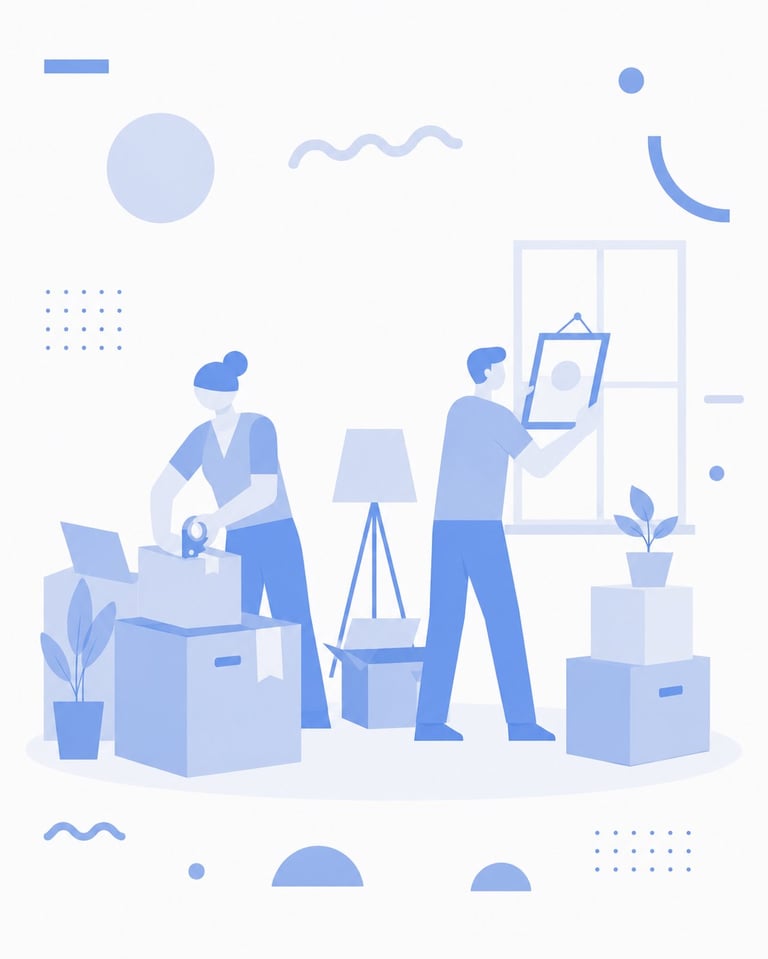 Illustration of office workers collaborating and organizing in a workspace with plants, storage boxes, and a mirror