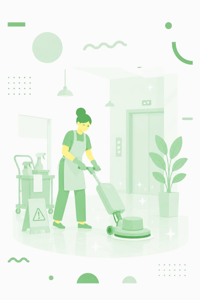 Illustration of a cleaner in green uniform using a floor polisher machine in a modern office building lobby with plants and cleaning equipment