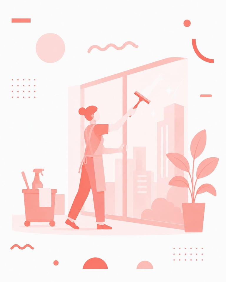 Woman cleaning building interior with mop, spray bottle, and cart surrounded by decorative geometric shapes and plants