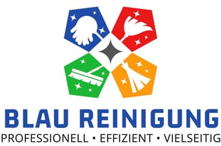Blau Reinigung logo with four colored pentagons featuring eagle, hand, and star symbols, and company tagline