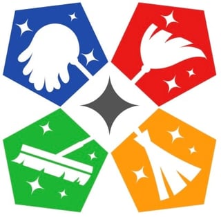 Four colorful pentagons with hand symbols arranged around a center star in blue, red, green, and yellow