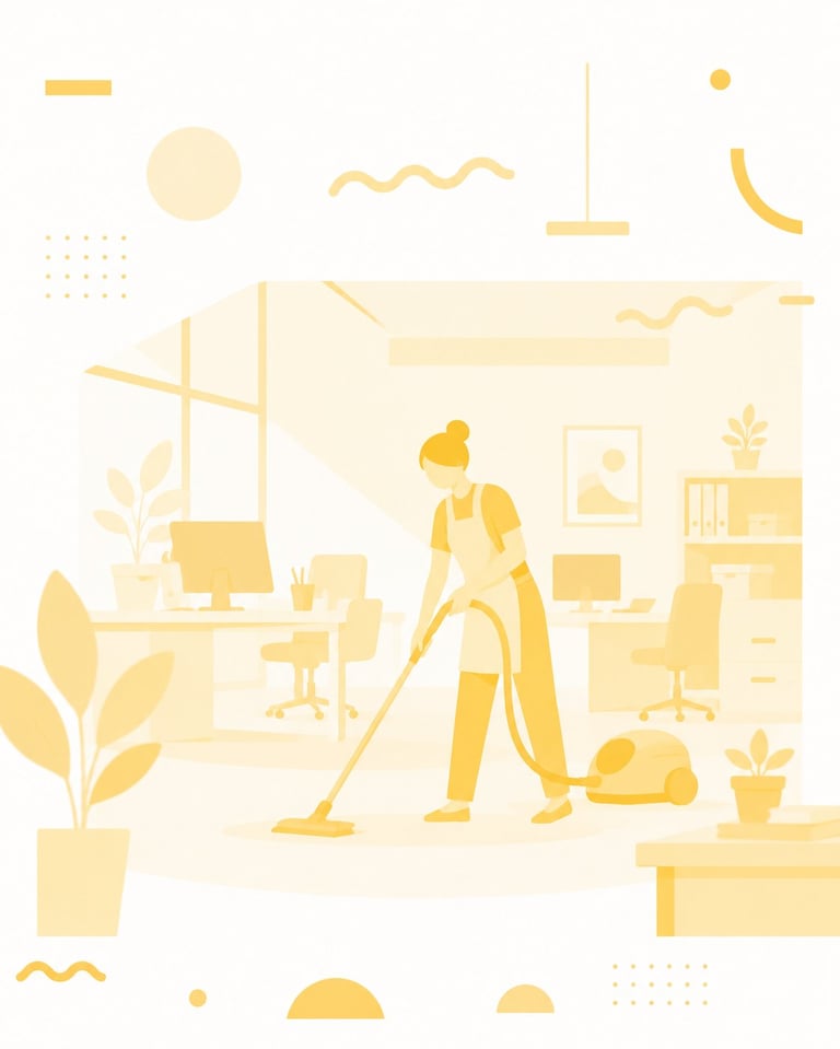 Illustration of a woman cleaning an office with a vacuum, surrounded by plants and desk furniture in yellow tones